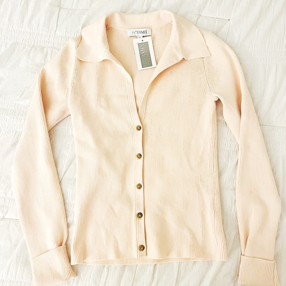 NWT INTERMIX Pink Ribbed V Neck Sweater Size Small